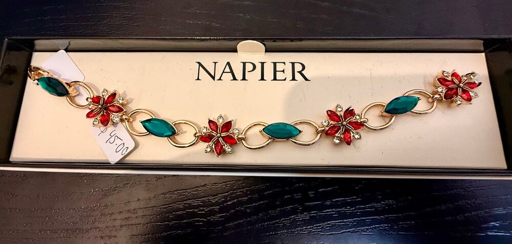 Authentic Napier Red & Teal Rhinestone Floral Link Bracelet NIB